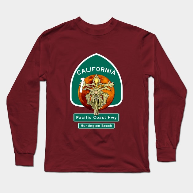 Motorcyclist On Pacific Coast Highway1 Huntington Beach Sunset Long Sleeve T-Shirt by The Witness